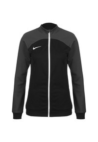 Schwarz- und graue Sportjacke mit Reißverschluss vorne, hohem Kragen und weißem Nike-Logo. Verfügt über kontrastierende Einsätze und elastische Bündchen. Aus weichem Stoff.