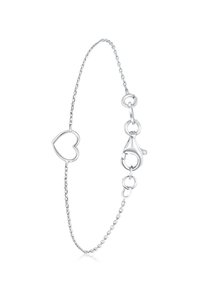 Pulsera de cadena de plata con un charm en forma de corazón, cierre tipo langosta y eslabones ajustables con acentos redondos. Textura suave y diseño minimalista.