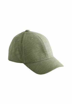 Grüne Baseballmütze aus strukturiertem Stoff, mit einem gebogenen Schild und einem sechsteiligen Design mit gestickten Akzenten und Belüftungslöchern.