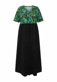 Vestido de manga corta con parte superior estampada de hojas verdes y falda negra lisa; presenta un corte holgado y escote en V. Textura de tela suave.