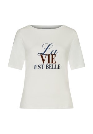 Chemise blanche à manches courtes avec le texte "La VIE EST BELLE" en polices bleues et marron mélangées sur le devant.