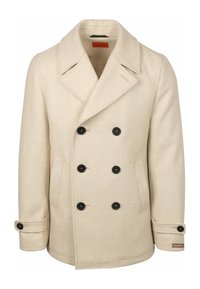 Beige wollen peacoat met een dubbelgeknoopt front, grote zwarte knopen, brede revers en zijzakken; heeft een gerecycled wollen label op de mouw.