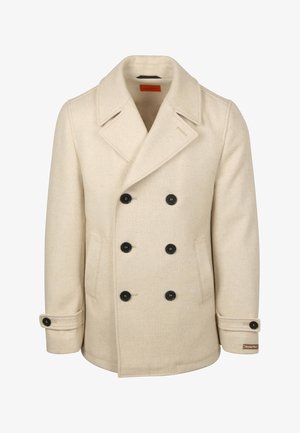 Beige wollen peacoat met een dubbelgeknoopt front, grote zwarte knopen, brede revers en zijzakken; heeft een gerecycled wollen label op de mouw.
