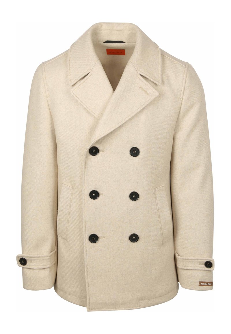 Beige wollen peacoat met een dubbelgeknoopt front, grote zwarte knopen, brede revers en zijzakken; heeft een gerecycled wollen label op de mouw.