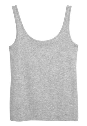 Débardeur gris en coton doux, doté de larges bretelles et d'un décolleté rond. Texture lisse et sans motifs visibles.
