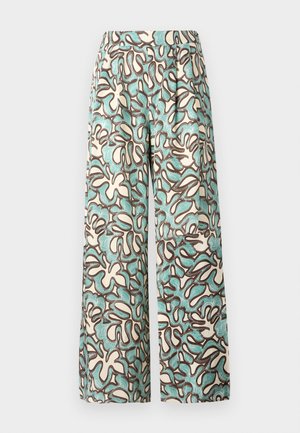 Wide-leg trousers made of lightweight fabric featuring a cream background with teal and brown abstract patterns. Flat waistband with no visible hardware.
