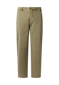 Pantalon kaki droit pour homme avec passants de ceinture, fermeture devant par bouton et zip, présenté sur fond blanc.
