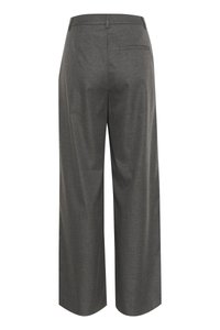 Gray wide-leg trousers featuring a smooth texture, tailored design, and a back pocket. The fabric appears lightweight and slightly textured.