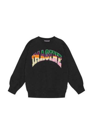 Schwarzer Sweatshirt mit langen Ärmeln und Rundhalsausschnitt. Ist mit einem mehrfarbigen "IMAGINE"-Grafik über der Brust in verschiedenen kräftigen Farben versehen.