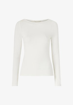 Maglietta a maniche lunghe, collo rotondo, di colore bianco. Realizzata in materiale leggero, con una superficie liscia e una silhouette aderente.