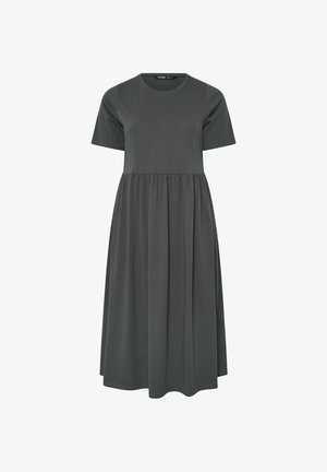 Baumwollkleid in Grau mit kurzen Ärmeln, Rundhalsausschnitt und geraffter Taille, fließend bis zum knielangen Saum. Weiche Textur und einfaches Design.