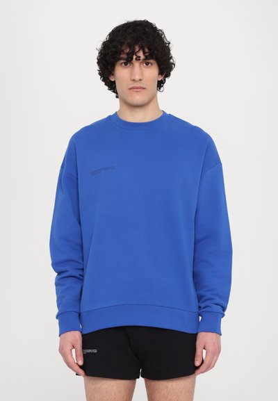 Felpa blu royal realizzata in morbido tessuto, con scollo rotondo e maniche lunghe, caratterizzata da un sottile dettaglio testuale sul petto.