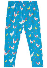 Leggings de algodón azules con un patrón caprichoso de diversas gallinas y flores de colores, con una cinturilla elástica para mayor comodidad.