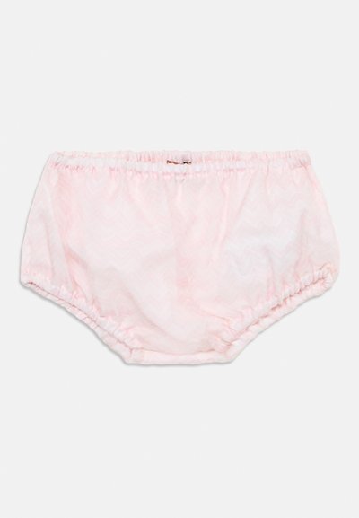 Light pink baby bloomers featuring a chevron pattern, elastic waistband, and gathered leg openings for a comfortable fit.
