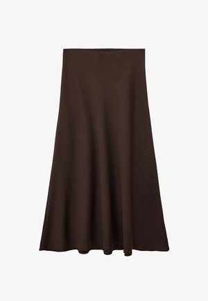 Bruine A-lijn rok met gladde stof en een vloeiende zoom, van knie tot halverwege de kuit, voorzien van een eenvoudige tailleband en zonder zichtbare versieringen.