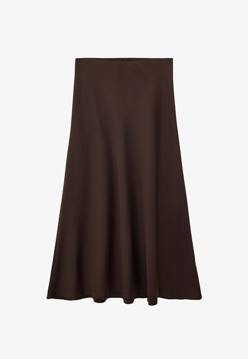 Brun A-formet nederdel med glat stof og en flydende kant, knælængde til midt på læggen, med en enkel talje og uden synlige pynt.