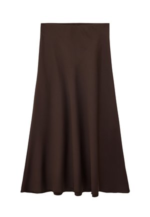Bruine A-lijn rok met gladde stof en een vloeiende zoom, van knie tot halverwege de kuit, voorzien van een eenvoudige tailleband en zonder zichtbare versieringen.