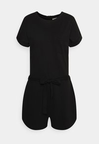 Mono corto negro de manga corta con escote redondo, cintura ceñida y bolsillo en el pecho. La tela parece suave; los pantalones cortos tienen dobladillos curvados.