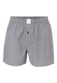 Gestreepte katoenen boxers in marineblauw en wit. Elastische tailleband met een enkele knoopsluiting en een voorzak. Gladde textuur, casual ontwerp.