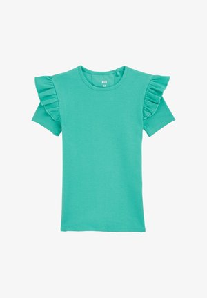 Tyrkysová kratká košeľa s krátkym rukávom vyrobená z rebrovaného materiálu, s volánovými detailmi na pleciach a okrúhlym výstrihom.