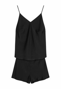 Czarna, bezrękawnikowa kamizelka z dekoltem w kształcie litery V oraz dopasowane luźne szorty, wykonane z gładkiego, lekkiego materiału, wyeksponowane na białym tle.