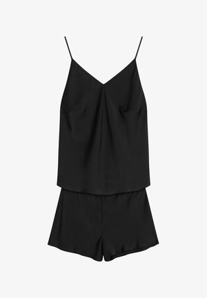 Black sleeveless camisole with V-neck and matching loose shorts made of smooth, lightweight fabric, displayed flat on white background.