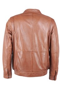 Brun läderjacka med en mjuk textur, med en klassisk krage, ribbat fåll och sömdetaljer på baksidan.