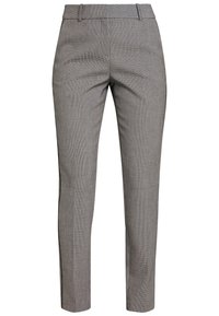 Grijze geruite broek met een slanke pasvorm, voorzien van een vlakke voorkant en zijzakken, gemaakt van een gladde stof met een lichte glans.