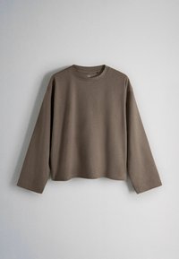 Long-sleeve brown crewneck shirt with a relaxed fit hanging against a plain light gray background.
