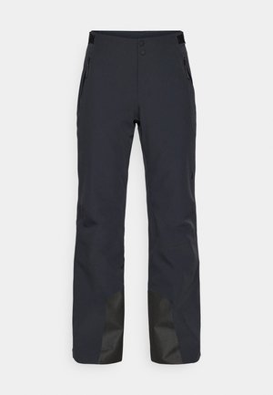 Wasserdichte schwarze Skihose mit Reißverschlusstaschen an den Seiten, Zweiknopfverschluss, verstärkten schwarzen unteren Beinen und glatter Textur.