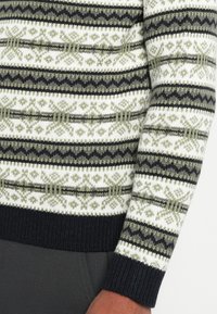 Gebreide trui met een patroonontwerp in donkergroen, wit en zwart. Ribgebreide mouwen en zoom. De patronen bevatten geometrische vormen en strepen.