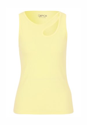 Gelbes, geripptes ärmelloses Top mit einem einzigartigen diagonalen Ausschnitt-Detail an der Schulter. Hergestellt aus elastischem Stoff für eine figurbetonte Silhouette.