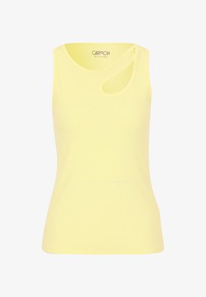 Gelbes, geripptes ärmelloses Top mit einem einzigartigen diagonalen Ausschnitt-Detail an der Schulter. Hergestellt aus elastischem Stoff für eine figurbetonte Silhouette.