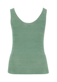 Top sin mangas de canalé verde con escote redondeado, diseño sin mangas y una textura suave, con sutil variación en color y patrón.