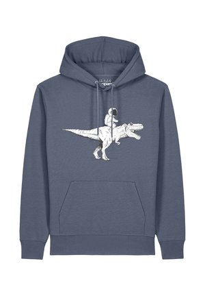 Blauer Hoodie mit Fronttasche, der auf der Brust eine weiße Grafik eines Astronauten zeigt, der auf einem brüllenden Dinosaurier reitet.