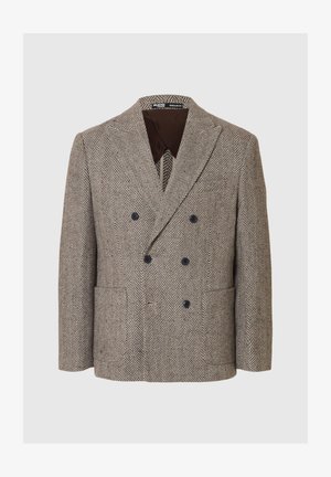 Brown herringbone double-breasted blazer with large lapels, dark inner lining, and two front pockets. Black buttons add contrast. Regular fit.