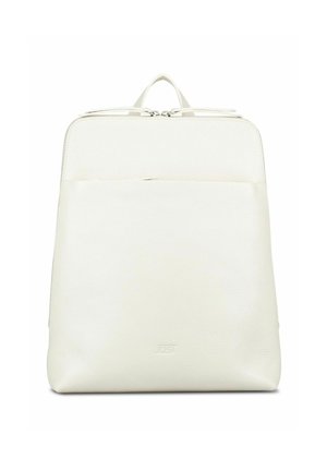 Weißer minimalistischer Leder-Rucksack mit Fronttasche, oberem Griff und doppeltem Reißverschluss.