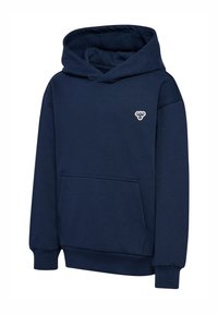 Marinblå hoodie i mjukt material, med en framficka, ribbade ärmavslut, en justerbar huva och en liten logotyp på bröstet.