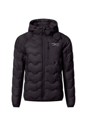 Veste noire matelassée à capuche avec fermeture éclair sur le devant et poche poitrine, avec le logo Swedemount sur le côté gauche de la poitrine.