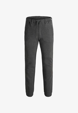 Pantalons de jogging gris en tissu doux, avec une taille élastique à cordon de serrage, deux poches latérales et des jambes effilées.