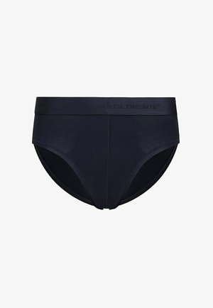 Granatowe męskie slipy o gładkiej teksturze, elastyczny pas z logo marki oraz klasyczny krój slipów.