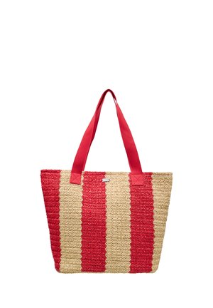Sac fourre-tout tissé avec des rayures verticales alternées rouges et beige naturel, doté de larges anses en tissu rouge.