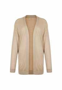 Beige offener Cardigan, weicher Stoff, lange Ärmel, gerippte Akzente an den Ärmelbündchen und am Saum, keine Verschlüsse, lockere Passform.