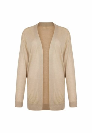 Beige offener Cardigan, weicher Stoff, lange Ärmel, gerippte Akzente an den Ärmelbündchen und am Saum, keine Verschlüsse, lockere Passform.