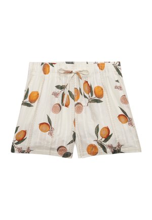 Witte short met trekkoord en een print van oranje fruit en groen blad, met verticale doorgestikte strepen.