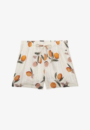 Witte short met trekkoord en een print van oranje fruit en groen blad, met verticale doorgestikte strepen.