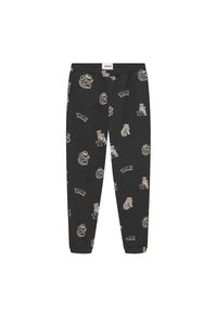 Zwarte sweatpants met verschillende beige bulldogafbeeldingen en "YALE"-tekst. Elastische tailleband en boorden, gemaakt van rekbaar materiaal.