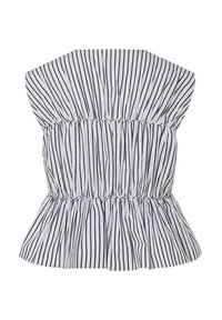 Tunique peplum en tissu rayé noir et blanc. Présente une taille froncée et un large décolleté. Matériau texturé et léger.