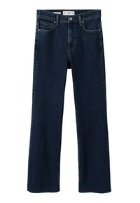 Jeans de mezclilla rectos de color azul oscuro con botón frontal y bolsillos, que presentan un dobladillo sin acabar en la parte inferior.