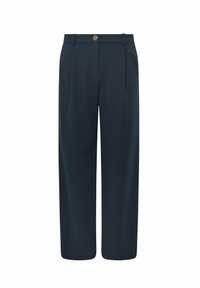 Navy wijde broek van soepel materiaal, met een sluiting aan de voorkant met knoop, twee plooien en riemlussen, geschikt voor verschillende gelegenheden.